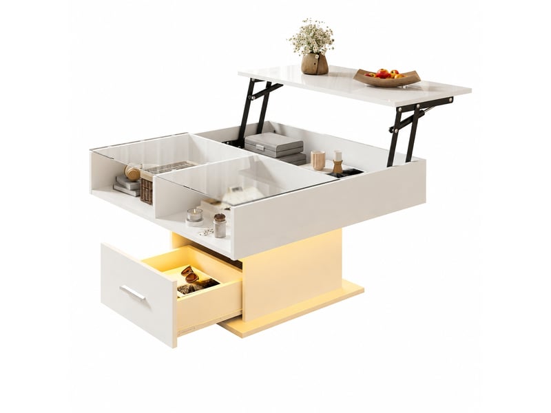  Table basse relevable blanche brillante avec éclairage led et hauteur réglable, 78 x 78 cm  - Conforama A