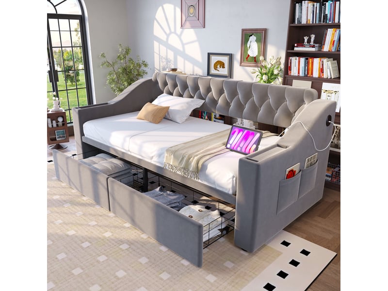  Lit enfant 90x190 cm tiroirs accoudoirs larges rangements ouverture pression port usb métal velours gris sans matelas  - Conforama W