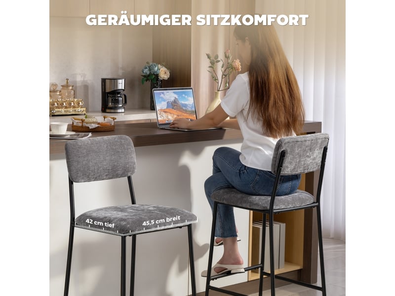  Tabourets de bar lot de 2 avec dossier haut et repose-pieds - lpospi - structure acier, polyester - gris  - Conforama C