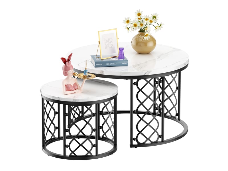  Tcqpz table basse 2 pièces 70x70 cm et 45x45 cm plateau effet marbre structure métal  - Conforama A