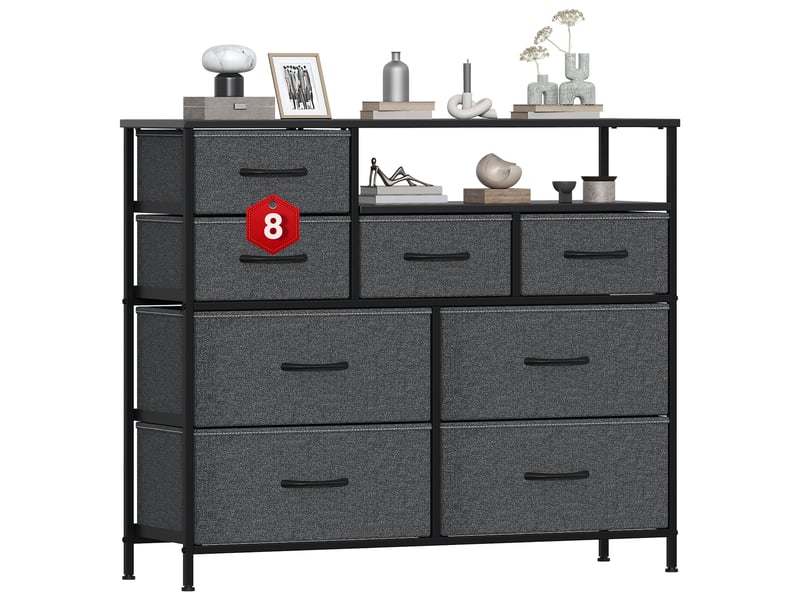 Commode chiffonnier 100x30x84 cm huit tiroirs tissu et niche ouverte gris fonce  - Conforama A