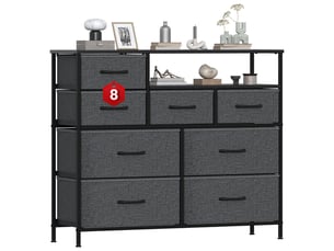 Commode chiffonnier 100x30x84 cm huit tiroirs tissu et niche ouverte gris fonce