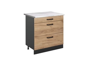 Vicco meuble cuisine, chêne doréanthracite, 80cm avec 3 tiroirs plan de travail marbre