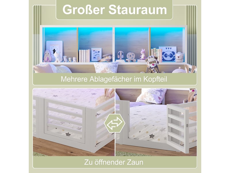  Lit à barrière 140 x 200cm avec rangement latéral, sommier à lattes, sans matelas, led, blanc, structure mdf et métal  - Conforama C