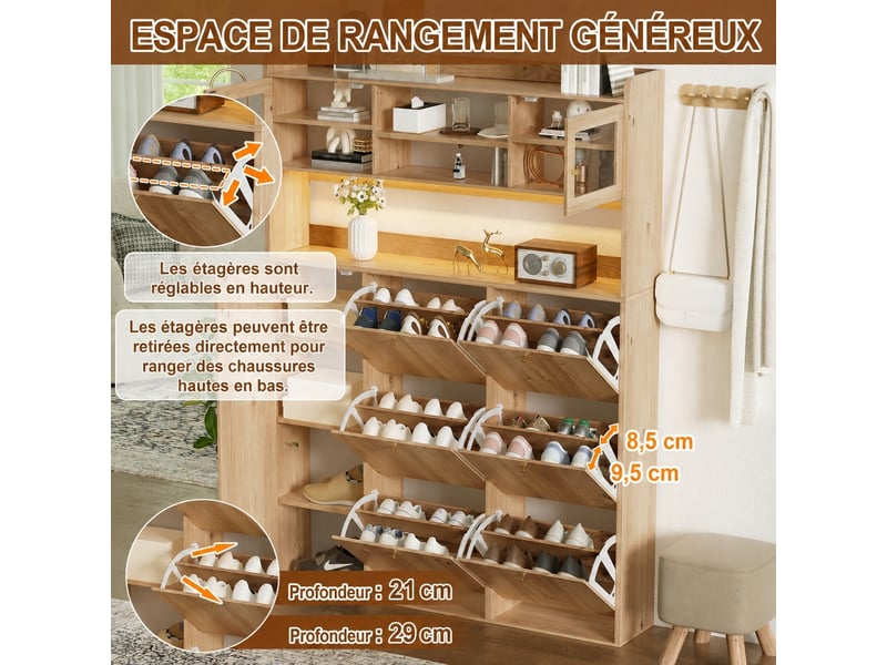  Meuble à chaussures étroit 130x25x180 cm, 6 abattants, 2 portes vitrées, led Fay Lum - Conforama B