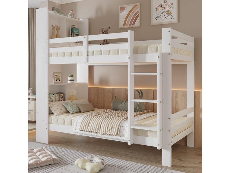  Lit superposé 90x200 cm avec étagères et échelle à 3 marches, blanc  - Conforama B