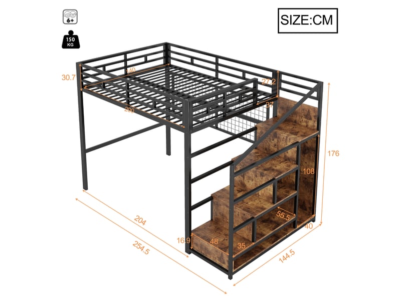  Lit mezzanine enfant 140x200 cm, penderie, escalier avec rangement, led 7 couleurs, métal et mdf, noir Radiant Stride - Conforama C