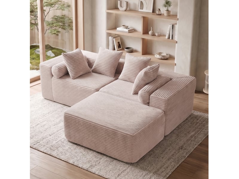  Canapé d’angle modulable 3 places avec méridienne en tissu chenille beige  - Conforama D