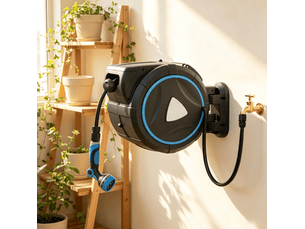 Dévidoir automatique mural 55 x 31 x 50 cm bleu en pvc, tuyau 23 m et pistolet d'arrosage 10 modes