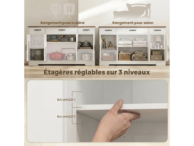  Buffet, meuble de rangement cuisine style ferme avec 4 portes de grange, étagères ajustables, 3 tiroirs, blanc  - Conforama R