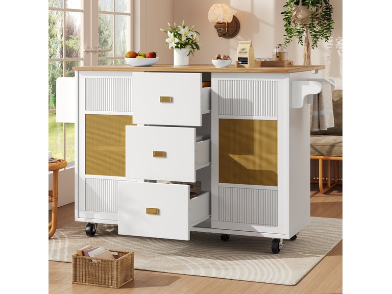  Îlot de cuisine mobile blanc 146,85x70x90 cm, plateau rabattable et rangements  - Conforama D