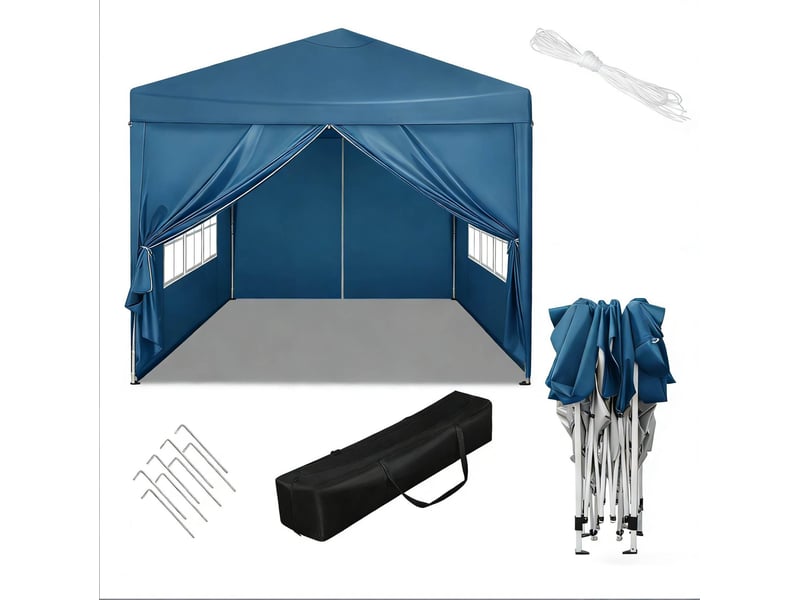  Tonnelle pliante de jardin 300x300 cm – bleue – toit anti-uv, parois latérales et sac de transport  - Conforama D