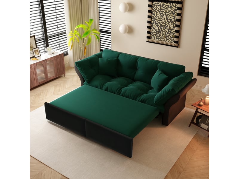 Canapé convertible 3 en 1 190 cm en velours, canapé-lit extensible avec méridienne, assise capitonnée, 2 coussins inclus - vert - Conforama C
