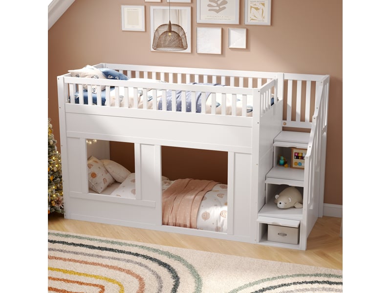  Lit mezzanine enfant 90 x 200 cm blanc avec escalier de rangement  - Conforama C