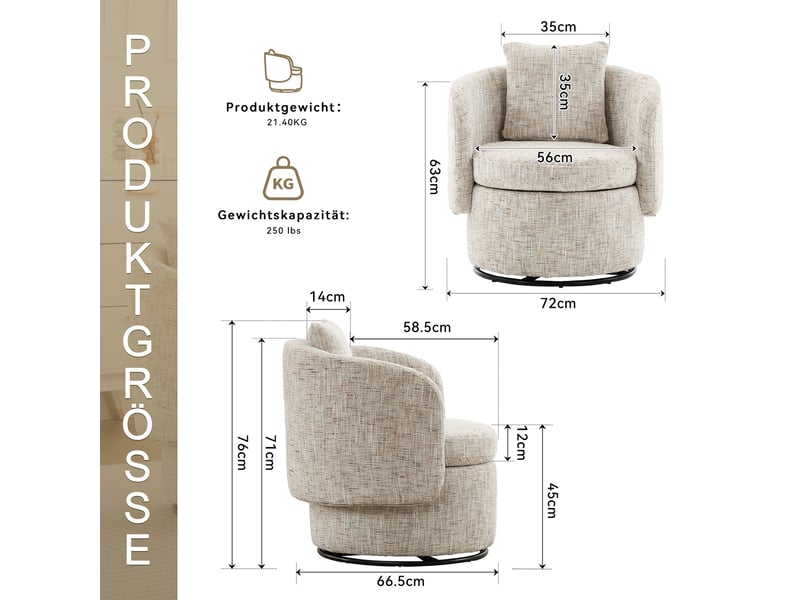  Fauteuil pivotant à 360° avec rangement dissimulé et coussin de dossier, en bois et tissu chenille ivoire  - Conforama C