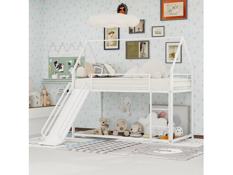  Lit superposé enfant 90 × 190 cm 2 places avec toboggan, escalier et barrières, sans matelas, en métal blanc  - Conforama C
