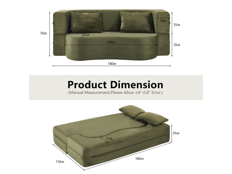  Canapé convertible futon 2-en-1 pliable sans montage  - couchage d’appoint, peluche courte - vert  - Conforama D