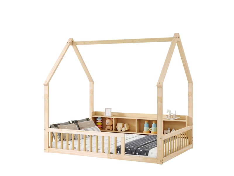 Lit cabane enfant 140 × 200 cm en bois de pin avec barrières de sécurité, étagères de rangement intégrées et cadre maison - naturel - Conforama A