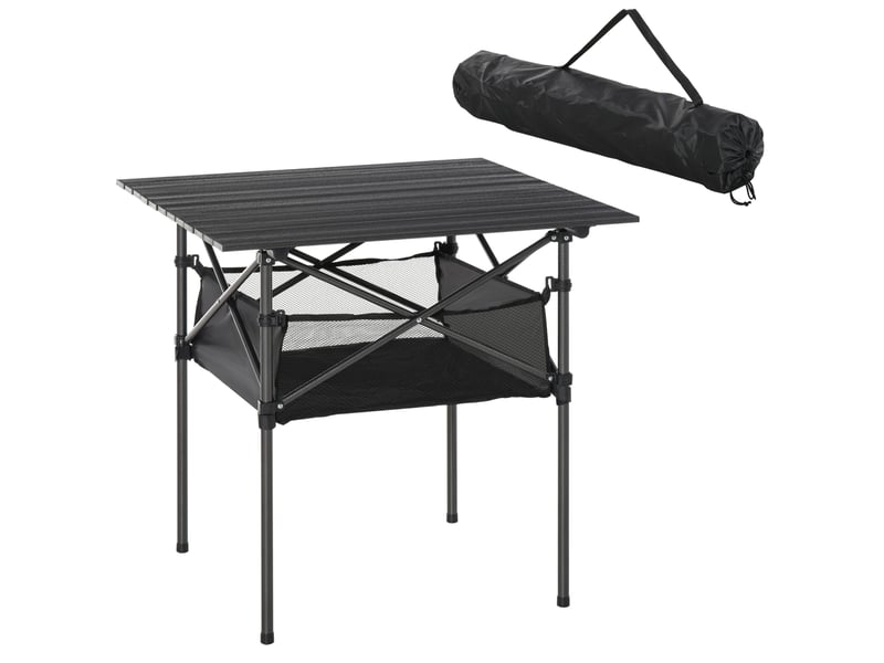  Table de camping pliante 70x70x69 cm – gris – plateau aluminium enroulable, filet et sac de transport  - Conforama A