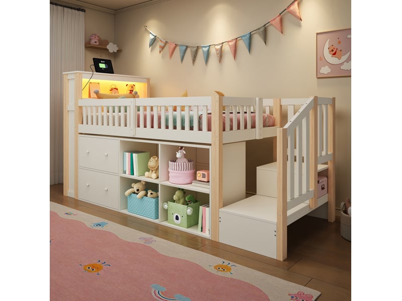  Lit surélevé 90x200 cm avec bureau, rangements, échelle et led blanc et bois  - Conforama D