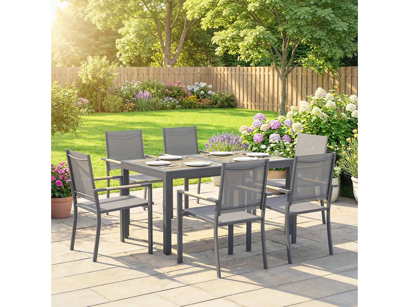 Salon de jardin ensemble mobilier de jardin 7 pièces table effet bois 6 chaises empilables en textilène 140x80x72cm gris  - Conforama D