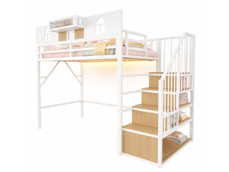  Lit mezzanine, 90x200 cm, bande lumineuse, avec escalier de rangement, matelas non inclus, mdf et métal, coloris blanc  - Conforama A