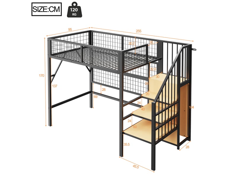  Modenvie lit mezzanine 90x200 cm - escalier avec rangement, led contrôlée par application, sans matelas - noir  - Conforama C