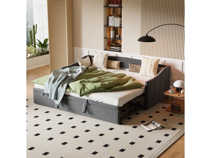  Lit de repos extensible, 90180 x 200 cm, canapé-lit, lit rembourré, lit en velours, canapé-lit pour 2 adultes, sans matelas, gris  - Conforama R