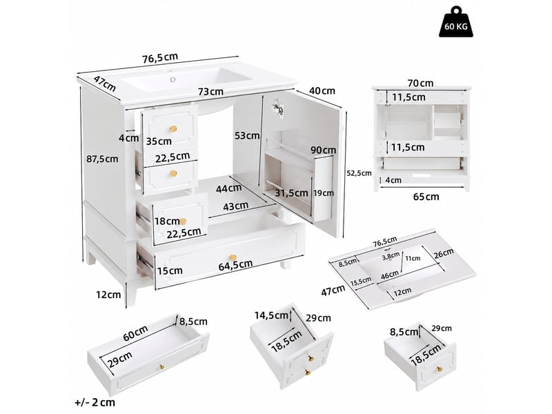  Meuble vasque blanc 76,5 cm avec vasque en céramique et poignées dorées  - Conforama C