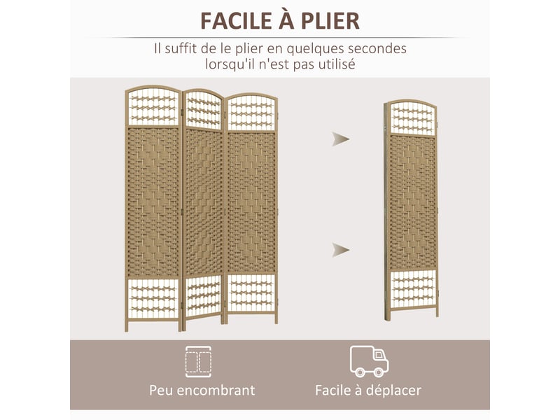  Paravent intérieur en bois séparateur de pièce cloison pliable 3 panneaux bois naturel 120 x 170 cm  - Conforama D