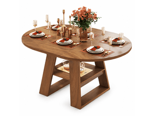 Table à manger ronde extensible 110-150 cm pour 4 à 6 personnes, rangement intégré pour rallonge et étagère, mdf noyer