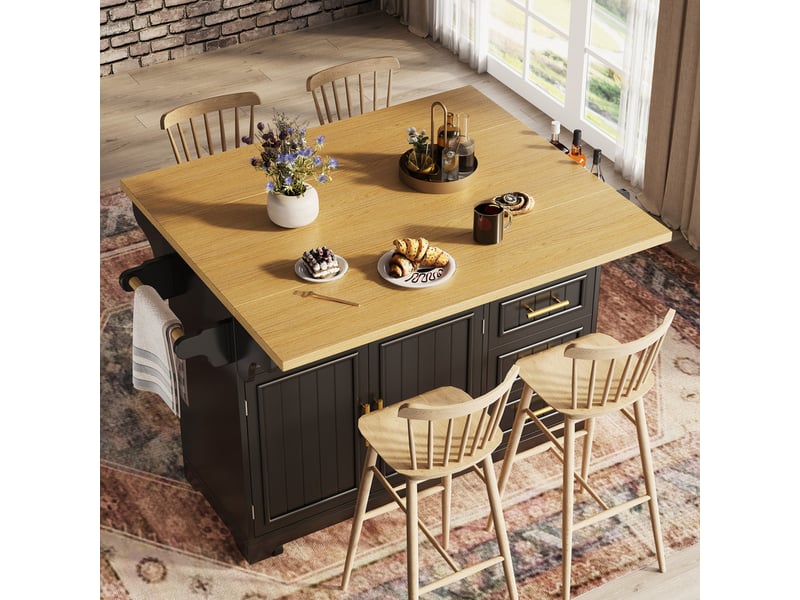  Îlot multifonction avec table extensible, portes verticales, tiroirs, plateau rabattable 2 côtés, roulettes, 120x40x95 cm, noir  - Conforama D