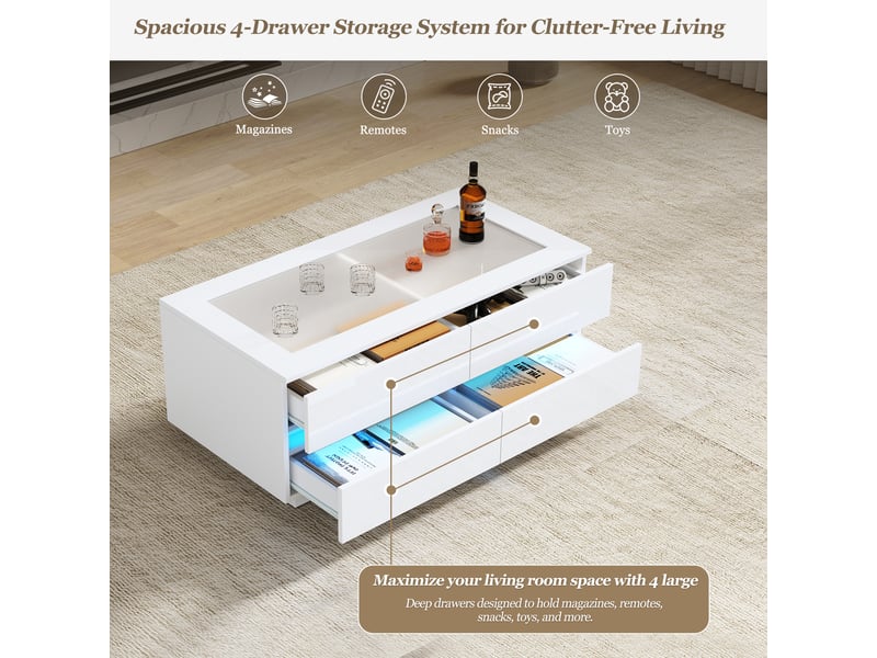  Table basse avec 4 tiroirs et éclairage led pour salon 100×50×40 cm en panneaux de particules blanc  - Conforama C