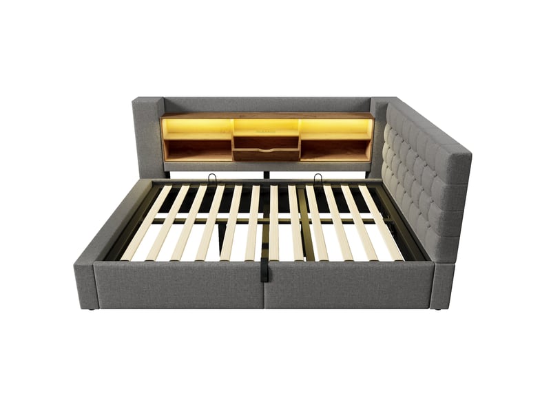  Lit coffre adulte 140x190 cm – gris – tête de lit l réversible avec rangement, led et ports usb – sans matelas  - Conforama D