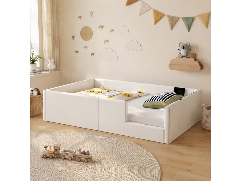 Lit enfant simple 90x200 cm, station recharge usb + type-c, barrière protection, mdf + pu, blanc sans matelas  - Conforama B