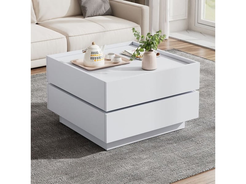  Table basse rotative - plateau rotatif à 360° - blanc - 2 étagères - espace de rangement 60x60x38cm - Conforama D