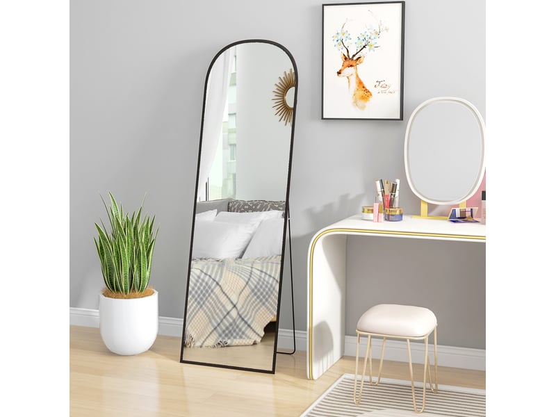  Miroir simple sur pied avec verre anti-éclats, à poser ou fixer au mur, cadre en aluminium noir 50 × 1,5 × 161,5 cm  - Conforama D