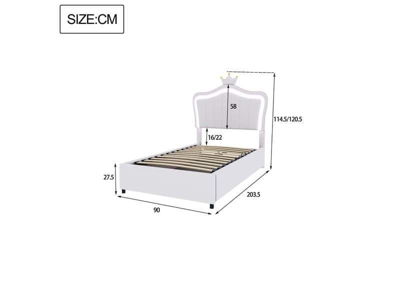 Lit enfant coffre 90 x 200 cm avec led, tête de lit coquillage et couronne, rangement hydraulique, similicuir blanc Fay Lum - Conforama C