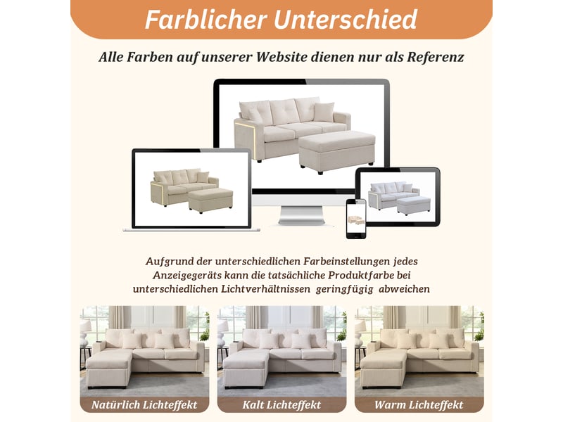  Canapé 3 places avec pouf modulable beige en velours côtelé  - Conforama D