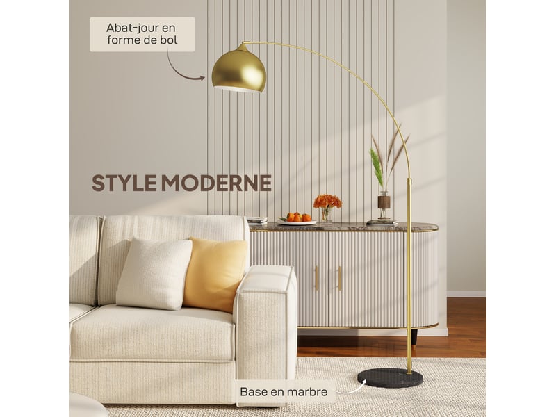 Lampadaire arc réglable doré avec pied en marbre, douille e27 40 w pour salon, coin lecture et espace détente - Conforama D