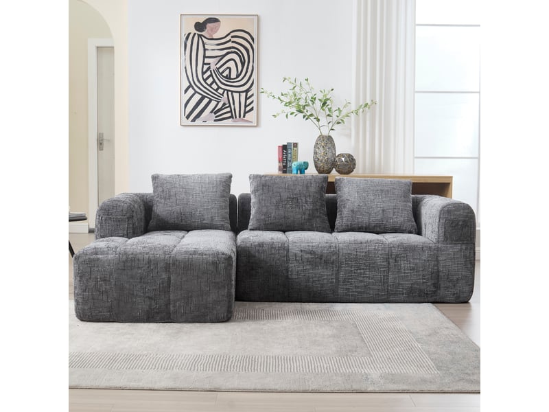 Canapé d’angle l 3 places chenille gris avec méridienne accoudoirs 3 coussins poche latérale sans montage  - Conforama B