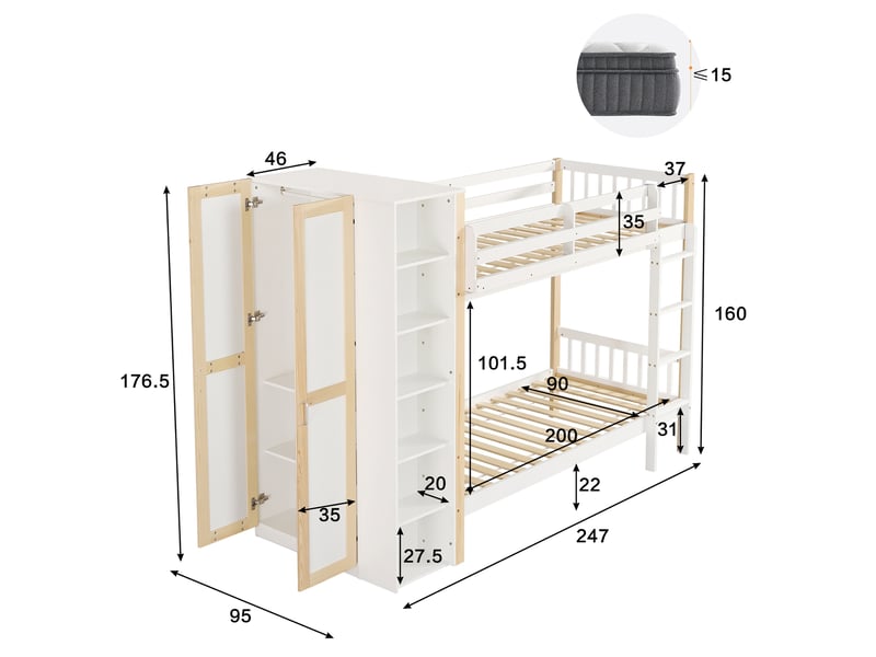 Lit superposé 90x200 cm, lit enfant avec armoire intégrée et 6 étagères de rangement, structure en bois de pin massif et mdf style scandinave, blanc - Conforama E
