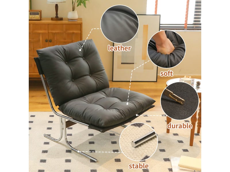  Fauteuil d'accent 72.2x84.1x84.6cm – lounge chair style barcelona sans accoudoirs avec coussin amovible – cuir - noir  - Conforama E