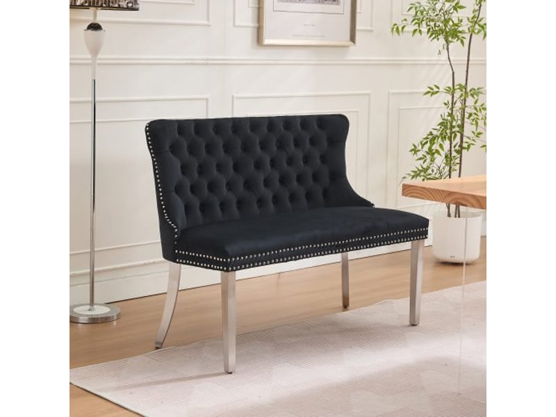  Banquette velours noir 2 places, dossier ailé, boutons faits main, pieds inox argenté - réf 1702bk  - Conforama B