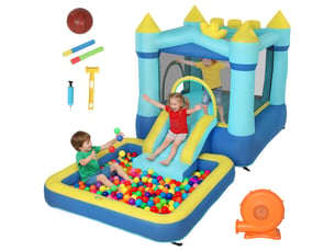 Château gonflable pour enfants avec toboggan, trampoline, piscine et panier de basket, 364 x 173 x 182 cm, bleu et jaune