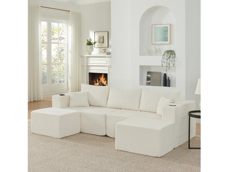 Canapé d’angle modulaire 3 places 230x138x75 cm avec ottomans mobiles en velours côtelé beige - Conforama C