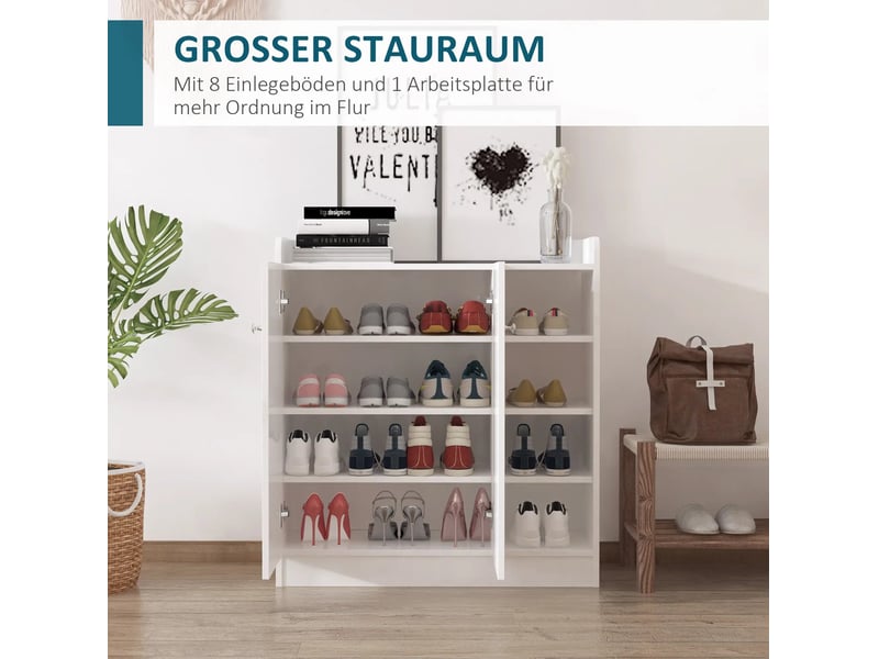  Meuble à chaussures 83x30x90 cm avec 2 portes et 4 compartiments bois blanc  - Conforama D