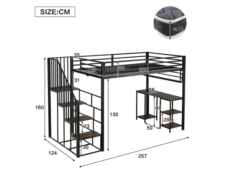  Lit mezzanine métal noir 120x200 cm avec escalier, bureau et étagères intégrées  - Conforama C