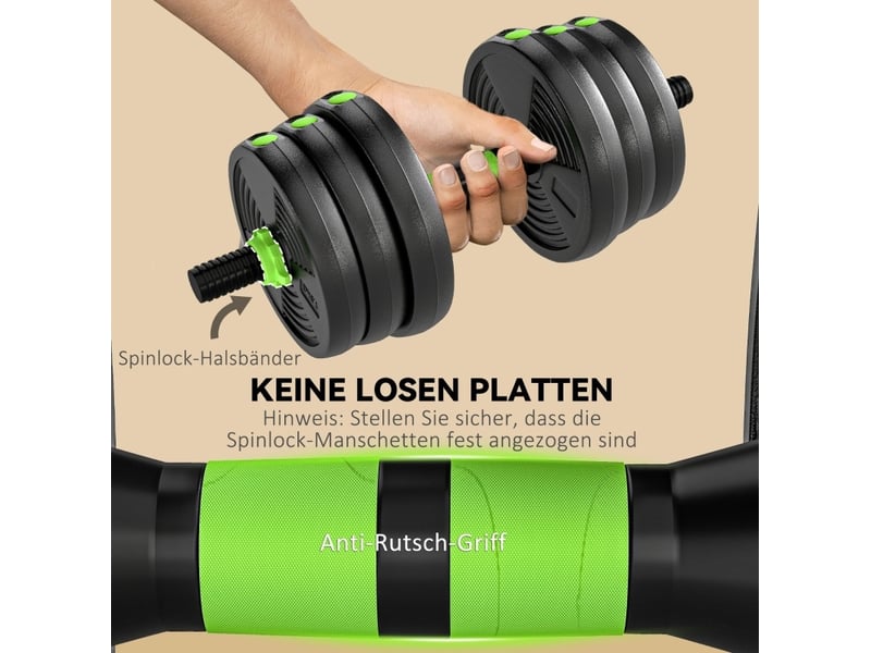  Set d'haltères réglables 20 kg 140 x 20 x 20 cm – vert – 3-en-1 avec barres droite et ez, musculation  - Conforama E