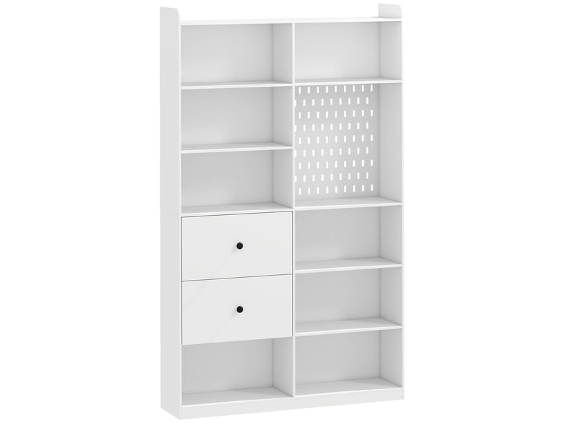  Bibliothèque 8 niches 2 tiroirs panneau perforé 120 x 30 x 200 cm blanc  - Conforama A